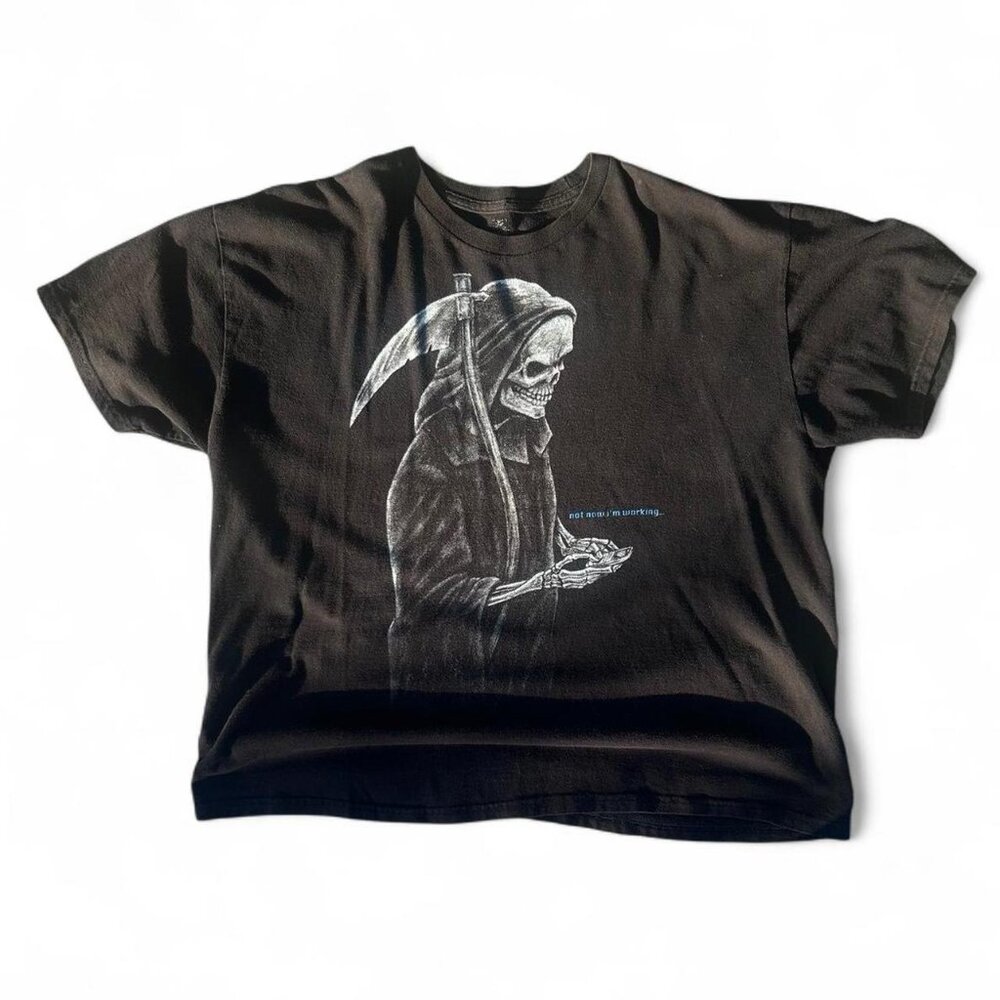 Y2K Grim Reaper Texting Skull "Not Now I'm Busy" Black Graphic T-Shirt